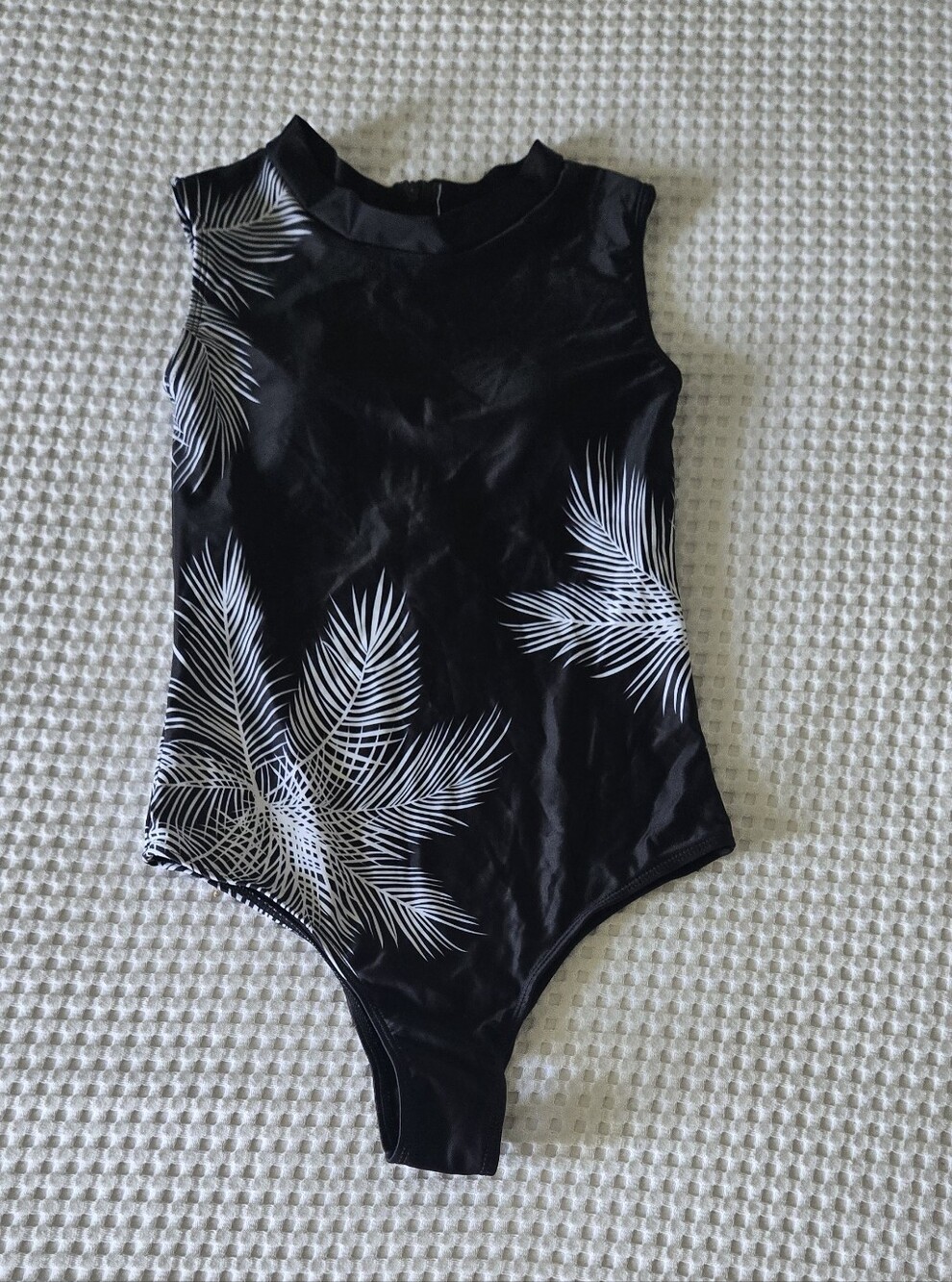 One-Piece Swimsuit with Zipper Back - Black & White Leaf Print S/M